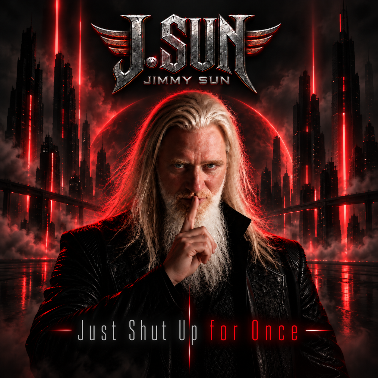 JIMMY SUN – Just Shut Up for Once cover: Jimmy Sun making a silence gesture against a red skyline